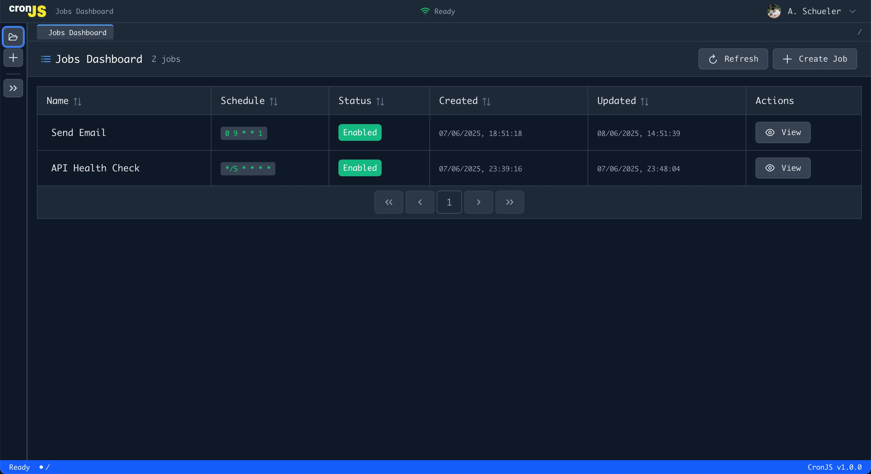 CronJS Dashboard showing jobs list with create button and job status indicators